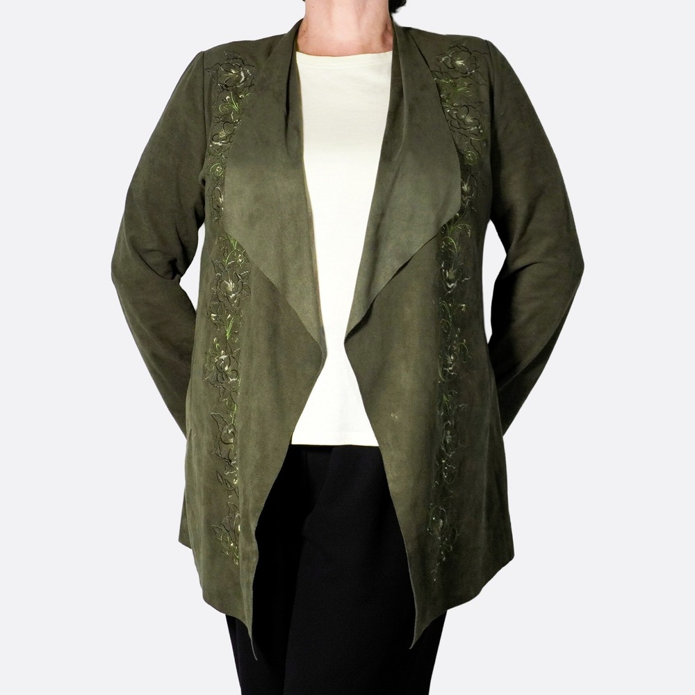 Chico's Faux Suede Jacket Olive Green 0X L Embroidered Open Front Drape Cardigan